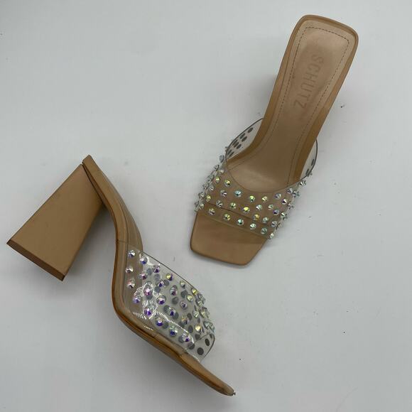 Schutz Lizah Nude Clear Rhinestone High Heel Sandals - 6.5 - Picture 1 of 13